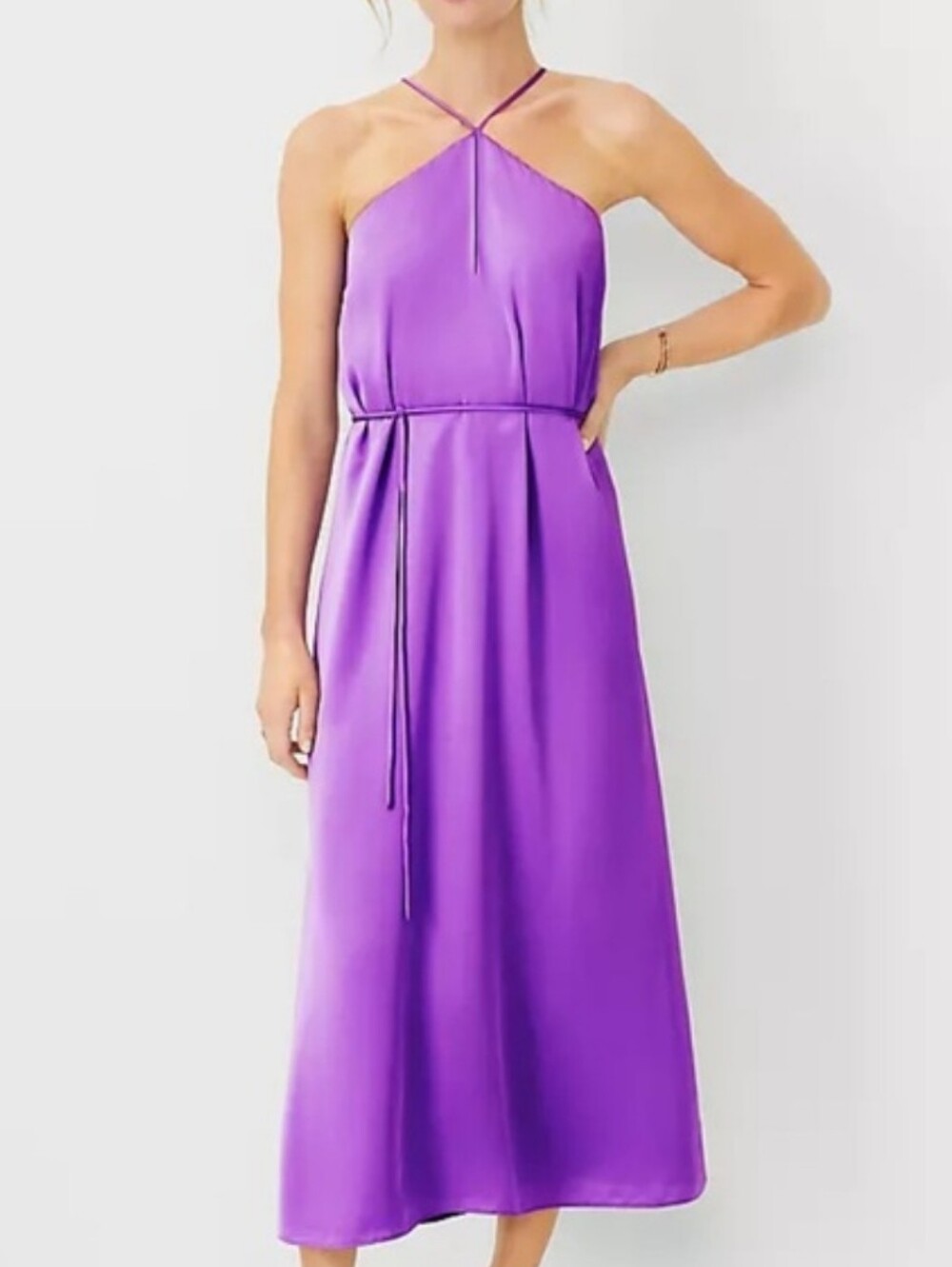 Purple Halter Midi Dress with Waist Tie